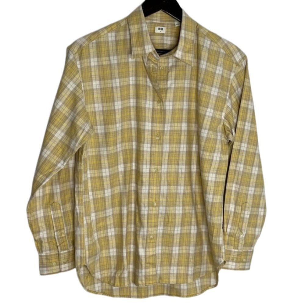 Uniqlo Size Small Light Weight Yellow Grey Flannel Button Down Shirt Cotton